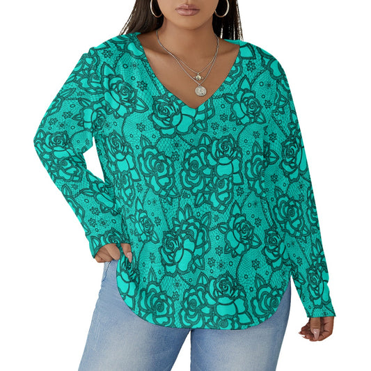 Women's Teal Lace Style Roses V-neck T-shirt With Curved Hem(Plus Size)