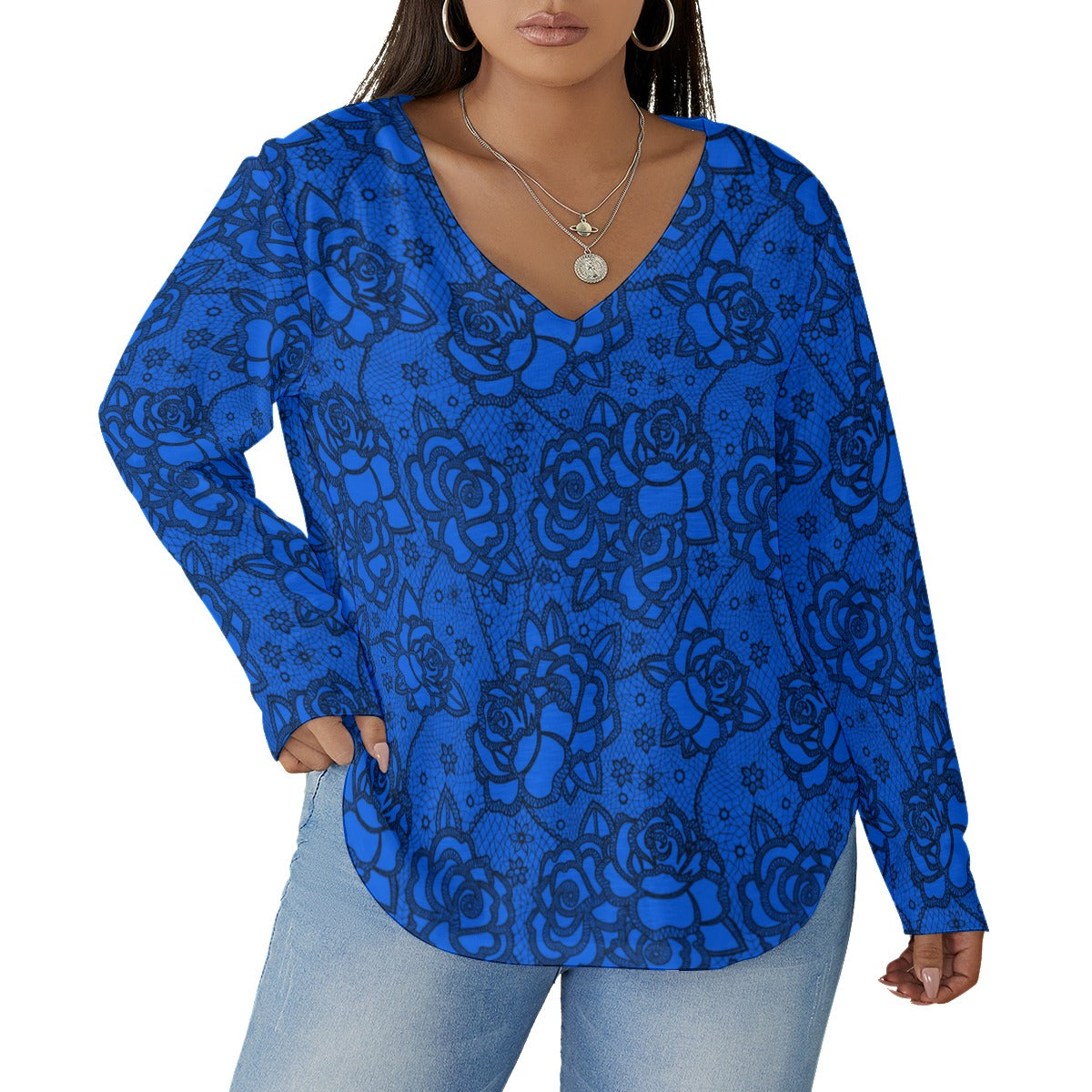 Women's Blue Lace Style Roses V-neck T-shirt With Curved Hem(Plus Size)