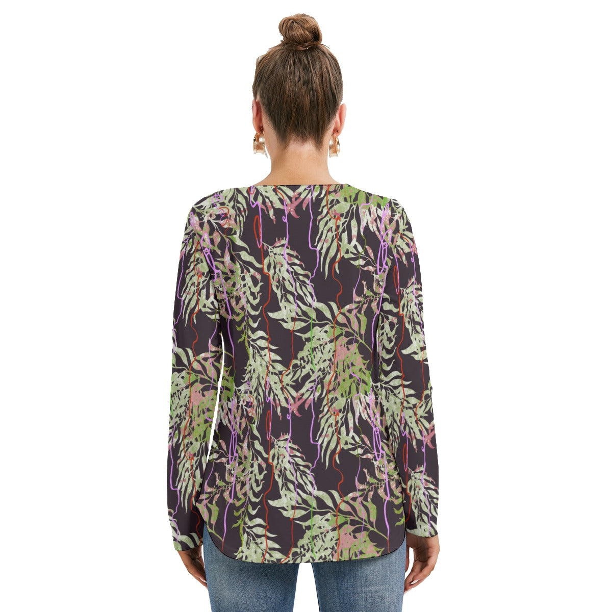 Exotic Leaves Women's Long Sleeve Neckline Tie Sweatshirt