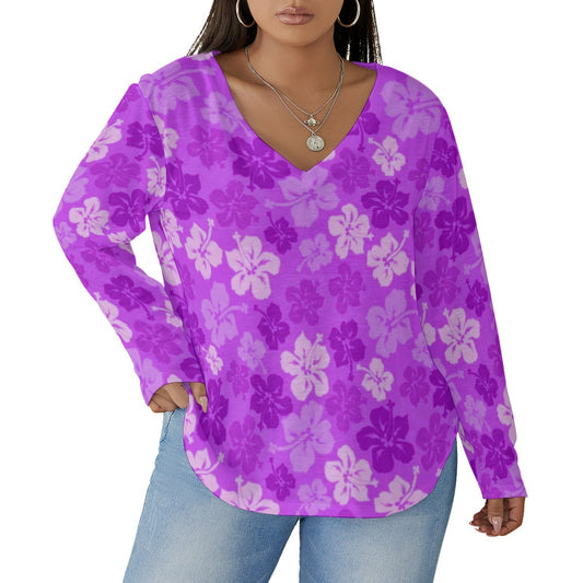 Women's Tropical Hawaiian Hibiscus Flowers V-neck T-shirt With Curved Hem(Plus Size)