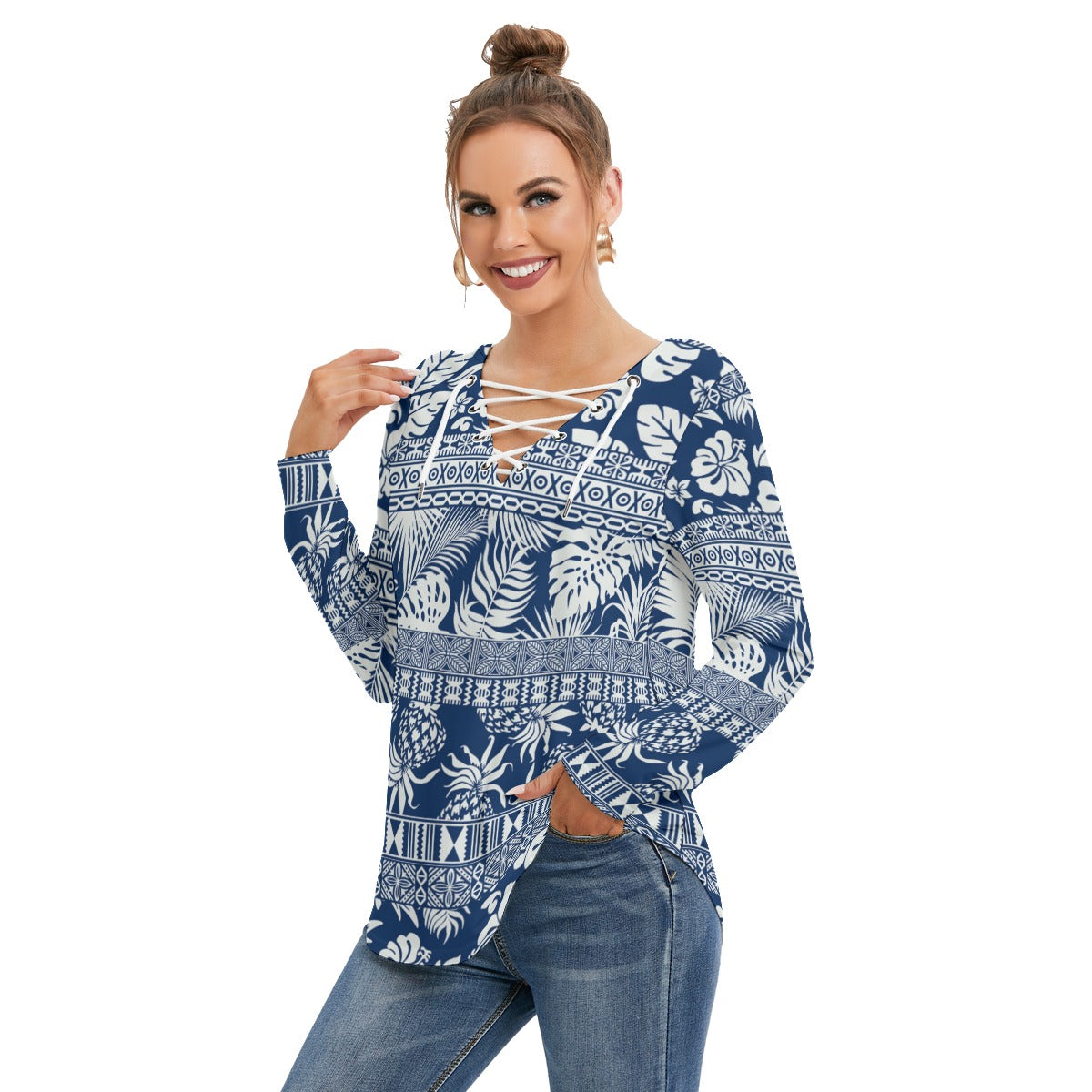 Hawaiian Style Women's Long Sleeve Neckline Tie Sweatshirt