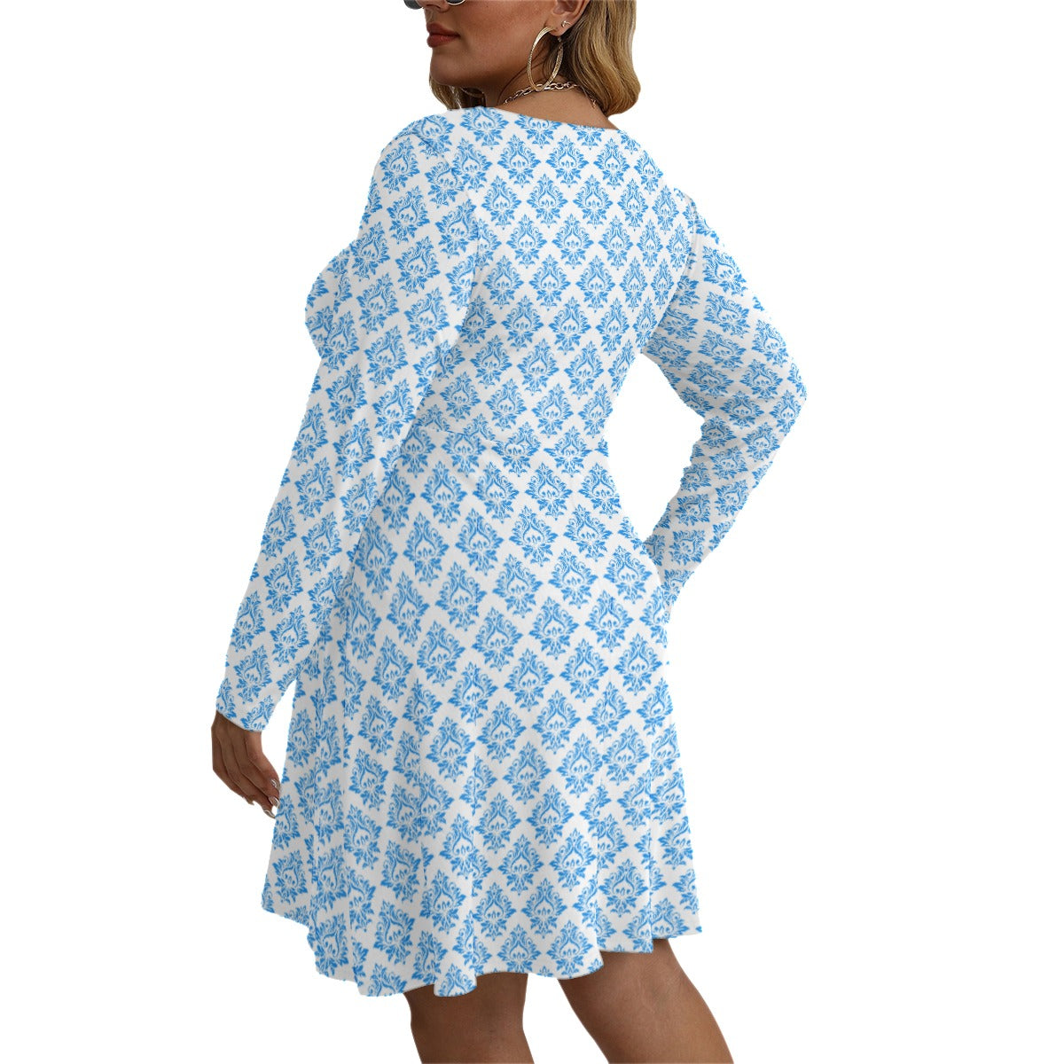 Royalty Made Light Blue & White Women's V-neck Long Sleeve Dress (Plus Size)