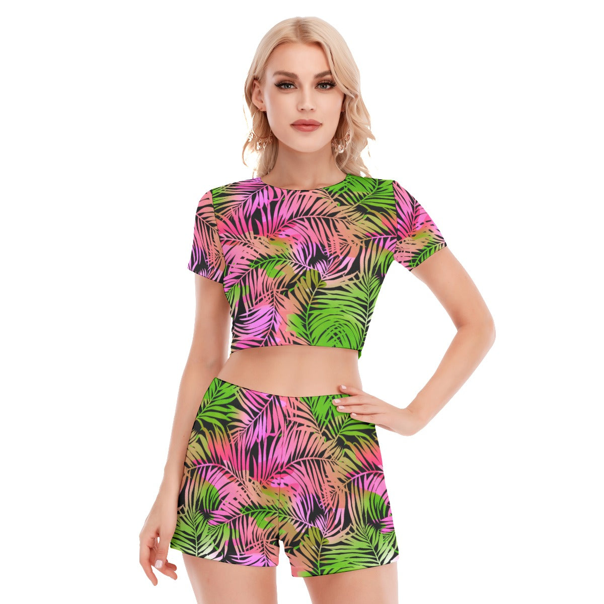 Tropical Palm Leaves Women's Short Sleeve Cropped Top Shorts Suit