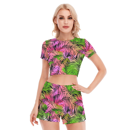 Tropical Palm Leaves Women's Short Sleeve Cropped Top Shorts Suit