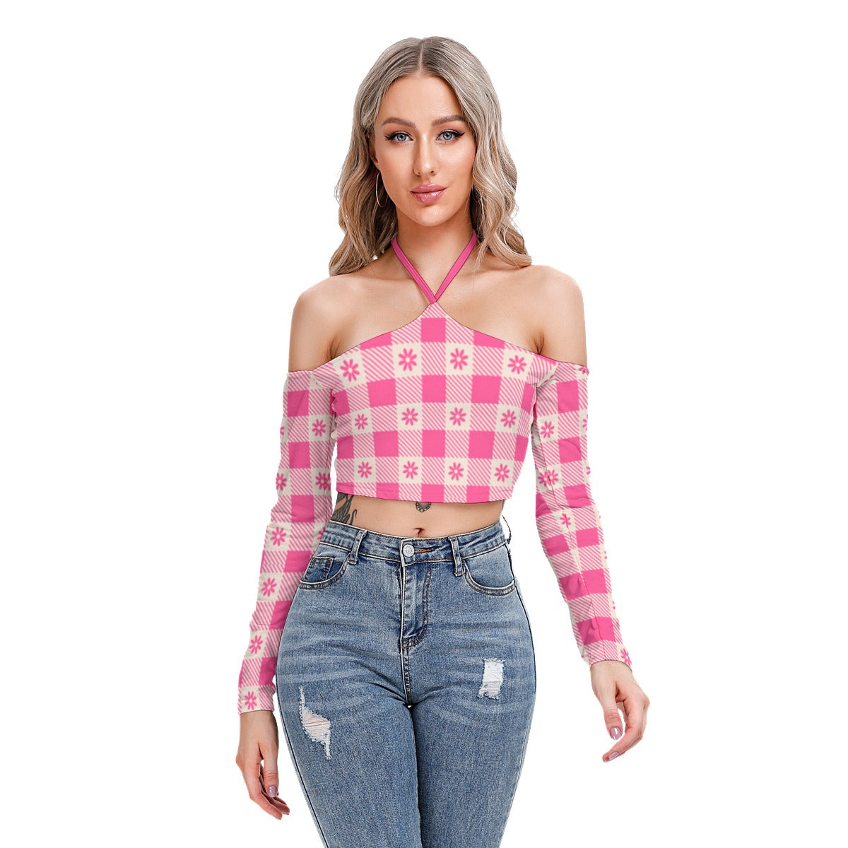 White With Pink Flowers Women's Plaid Halter Lace-up Top