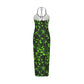 Green With Black Tropical Flowers Women's Sexy Hollow Cami Dress