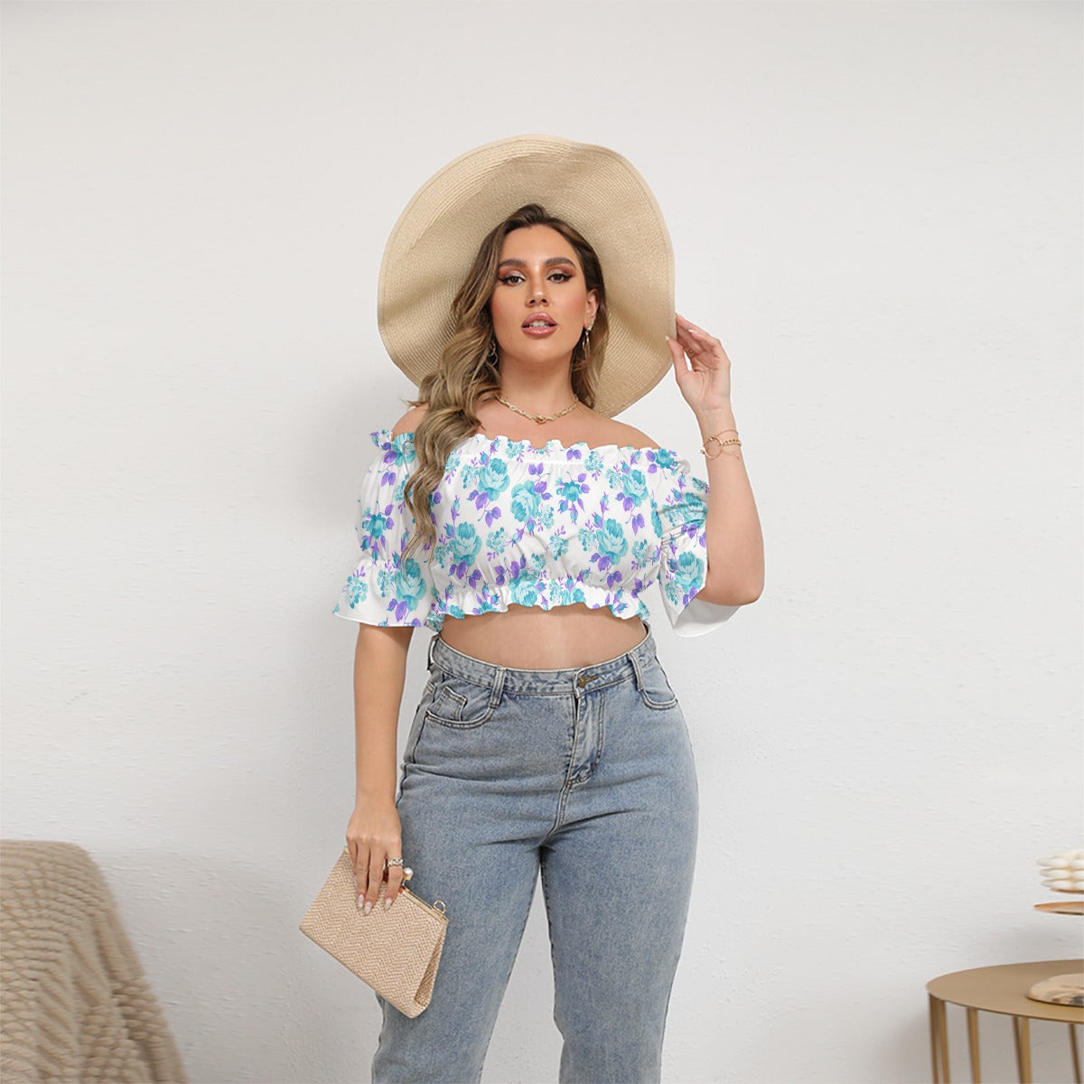 Blue Roses Women's Off-shoulder Cropped Top With Short Puff Sleeve