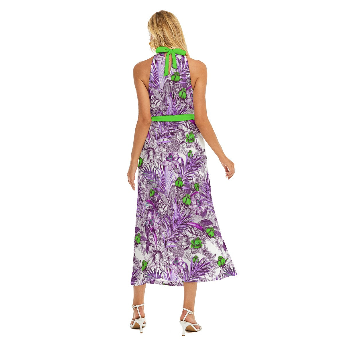 Elegant Peony Flowers Women's Wrap Hem Belted Halter Dress