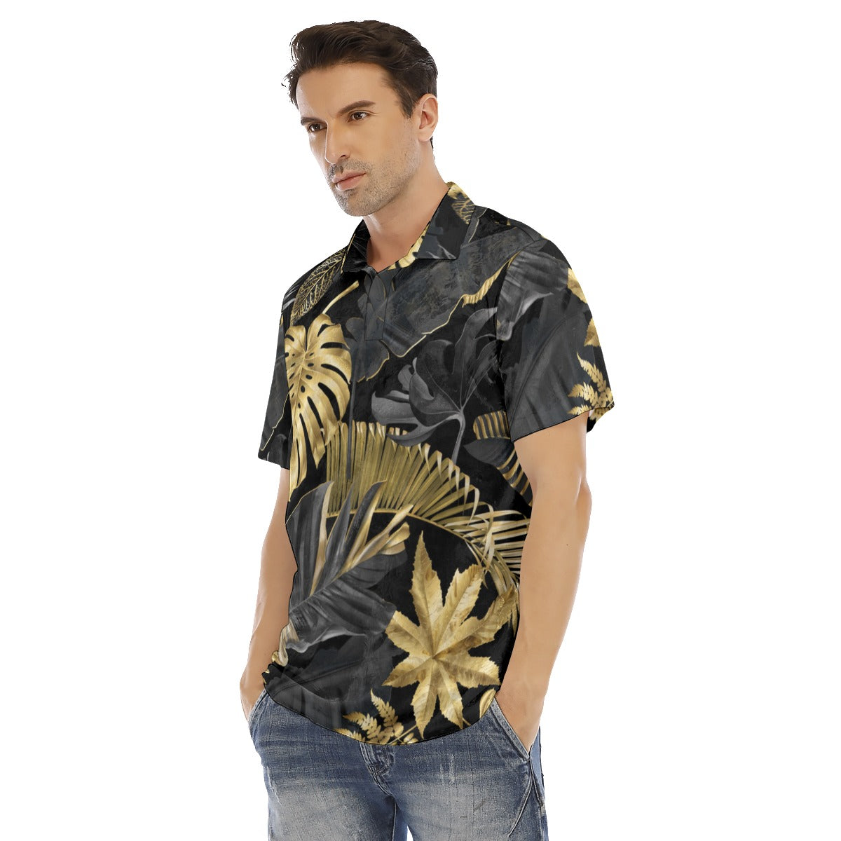 Gold & Black Tropical Leaves Men's Polo Shirt | Velvet