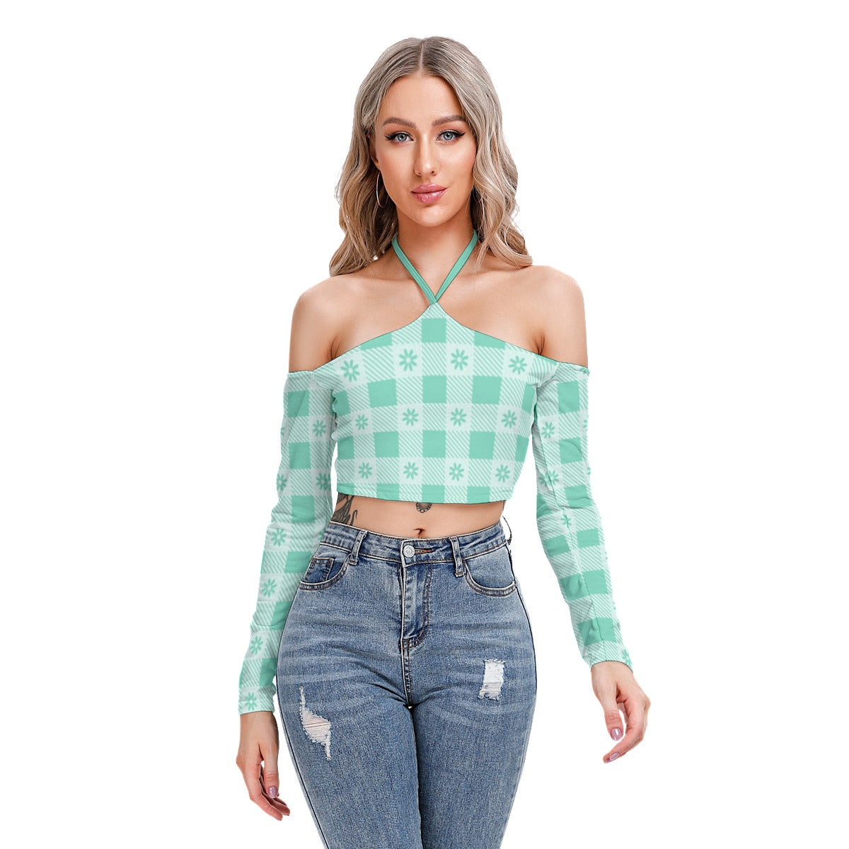 White With Teal Flowers Women's Plaid Halter Lace-up Top