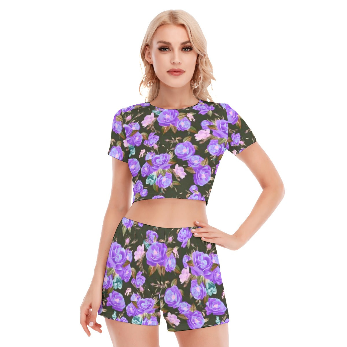 Purple Roses Women's Short Sleeve Cropped Top Shorts Suit