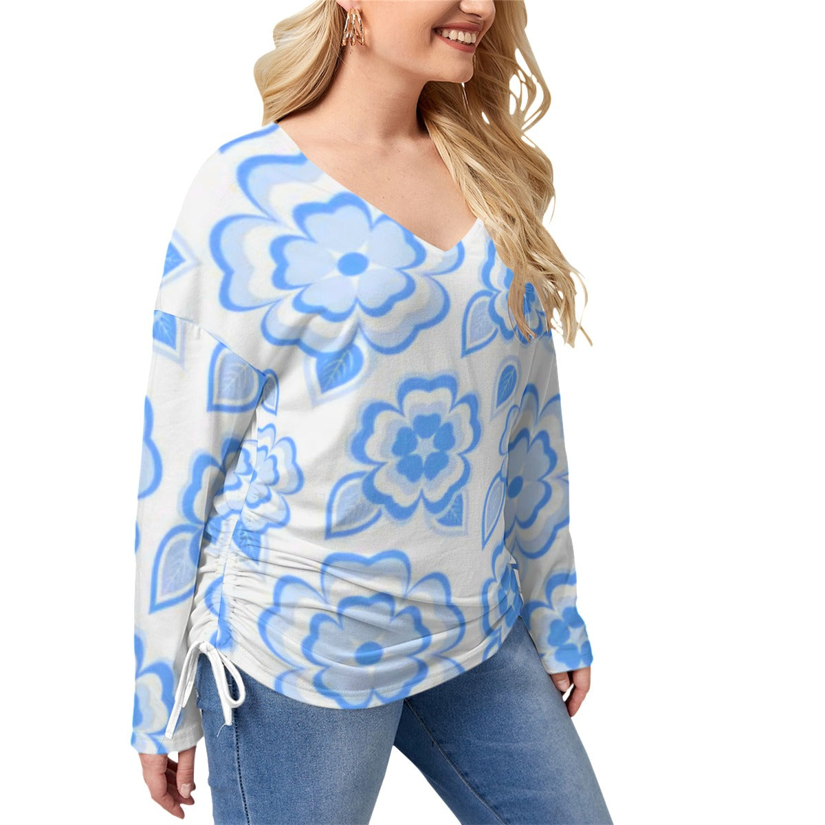 Blue Sakura Flowers & Leaves Women’s V-neck T-shirt With Side Drawstring(Plus Size)