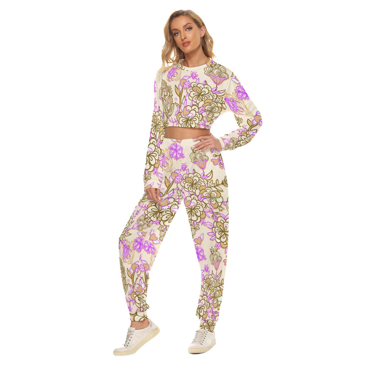 Cute Purple & Tan Flowers Women's Crop Sweatshirt Suit