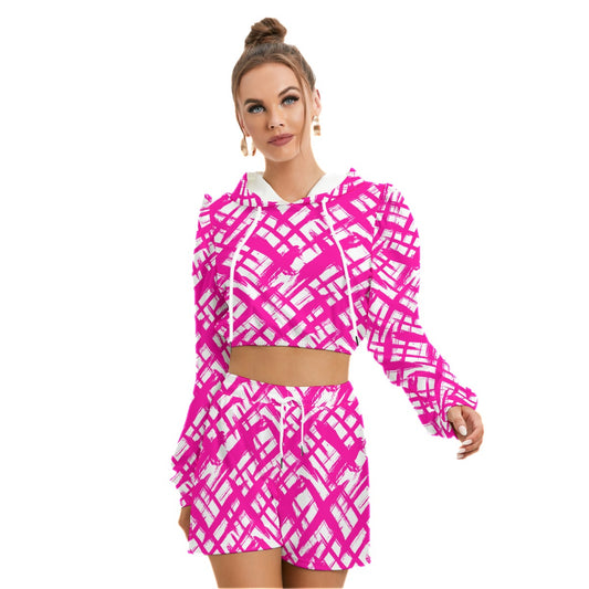 Pink Stripes & Crosses Women's Mirco Fleece Hoodie And Shorts Set