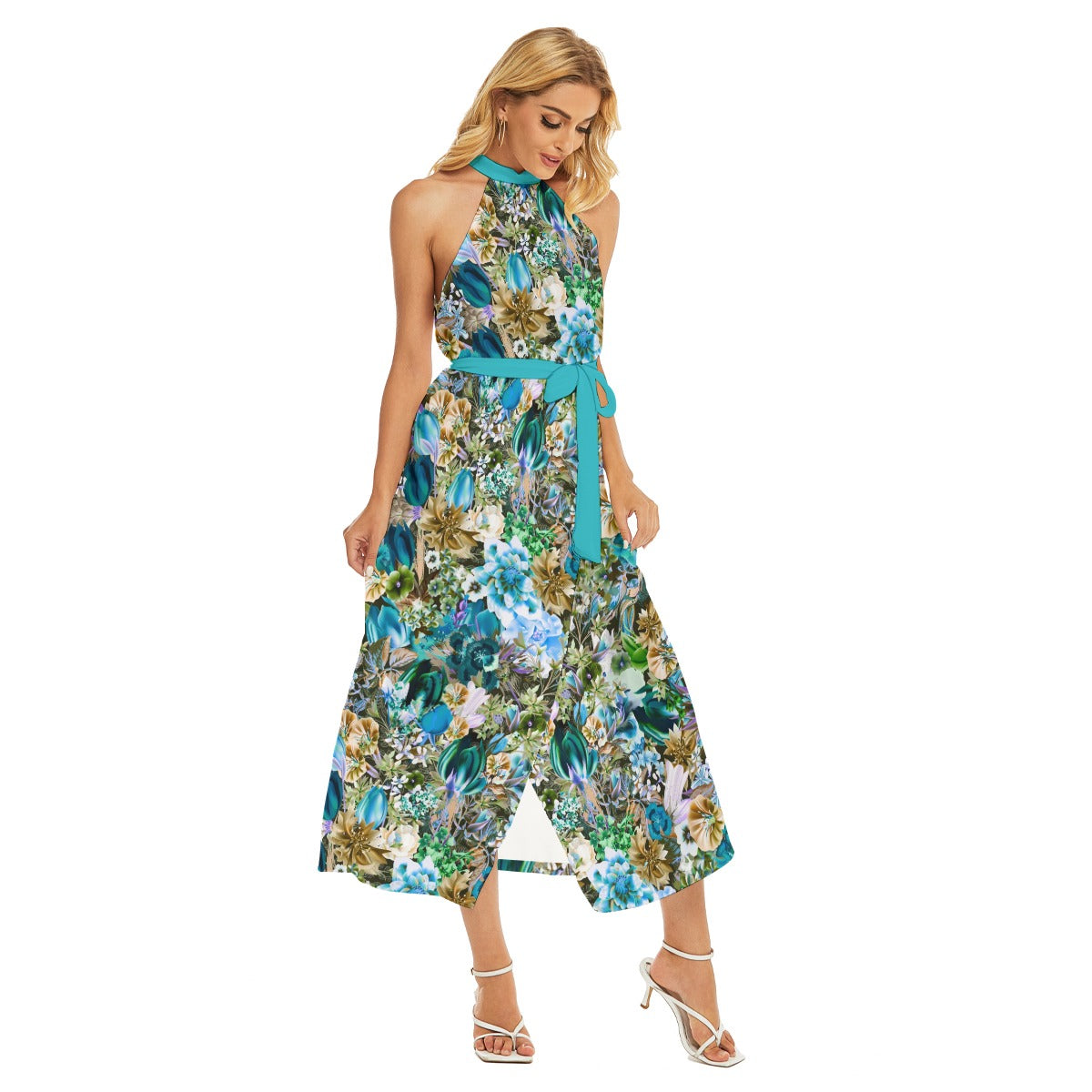 Beautiful Flowers Women's Wrap Hem Belted Halter Dress