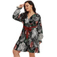 Red Vintage Tulips & Peonies Women's V-neck Dress With Waistband  (Plus Size)