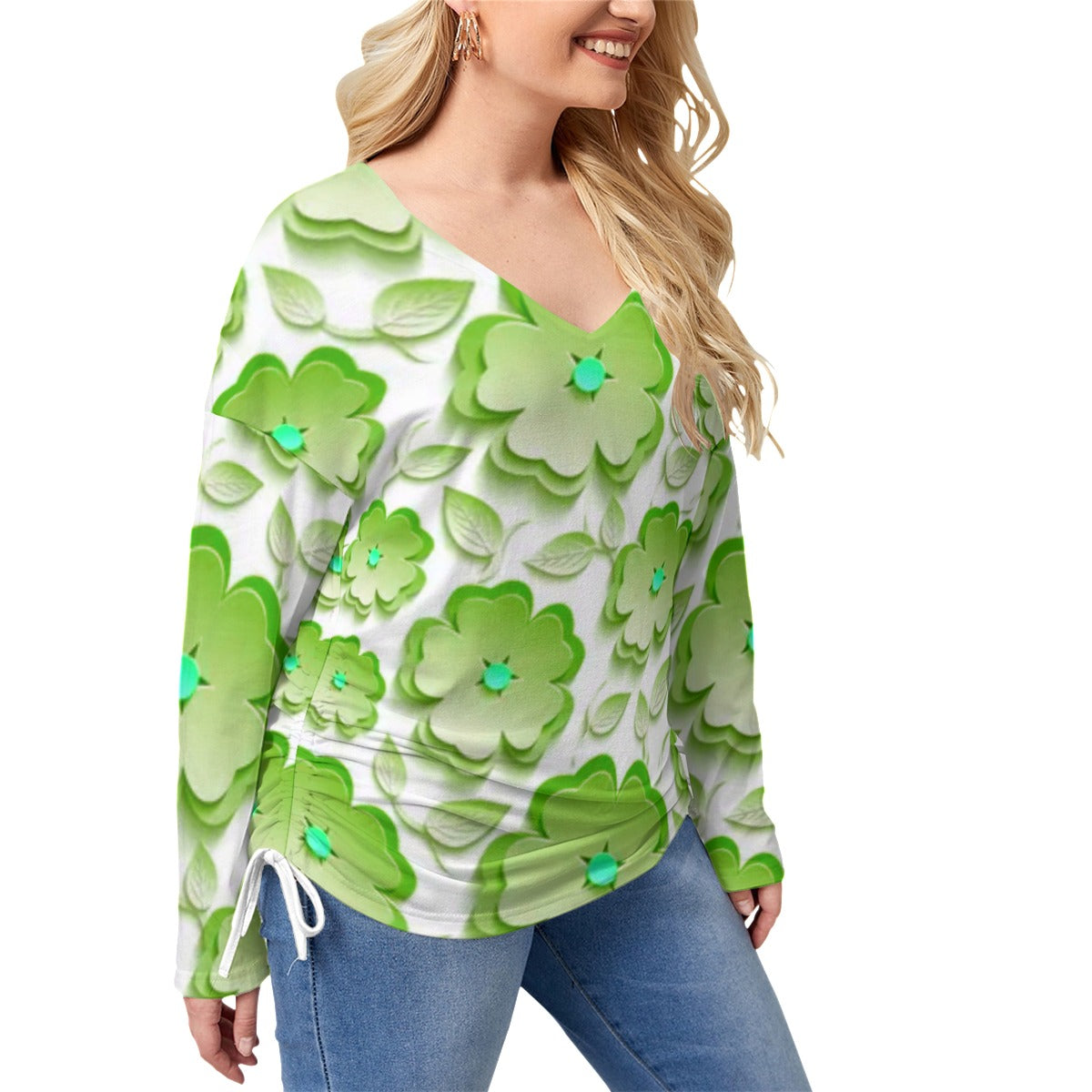 Green Sakura Flowers & Leaves Women’s V-neck T-shirt With Side Drawstring(Plus Size)