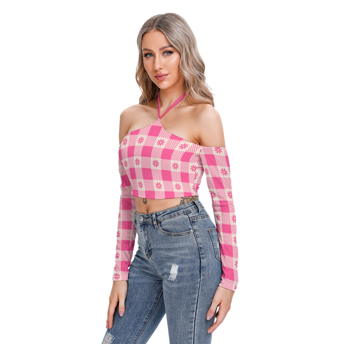 White With Pink Flowers Women's Plaid Halter Lace-up Top