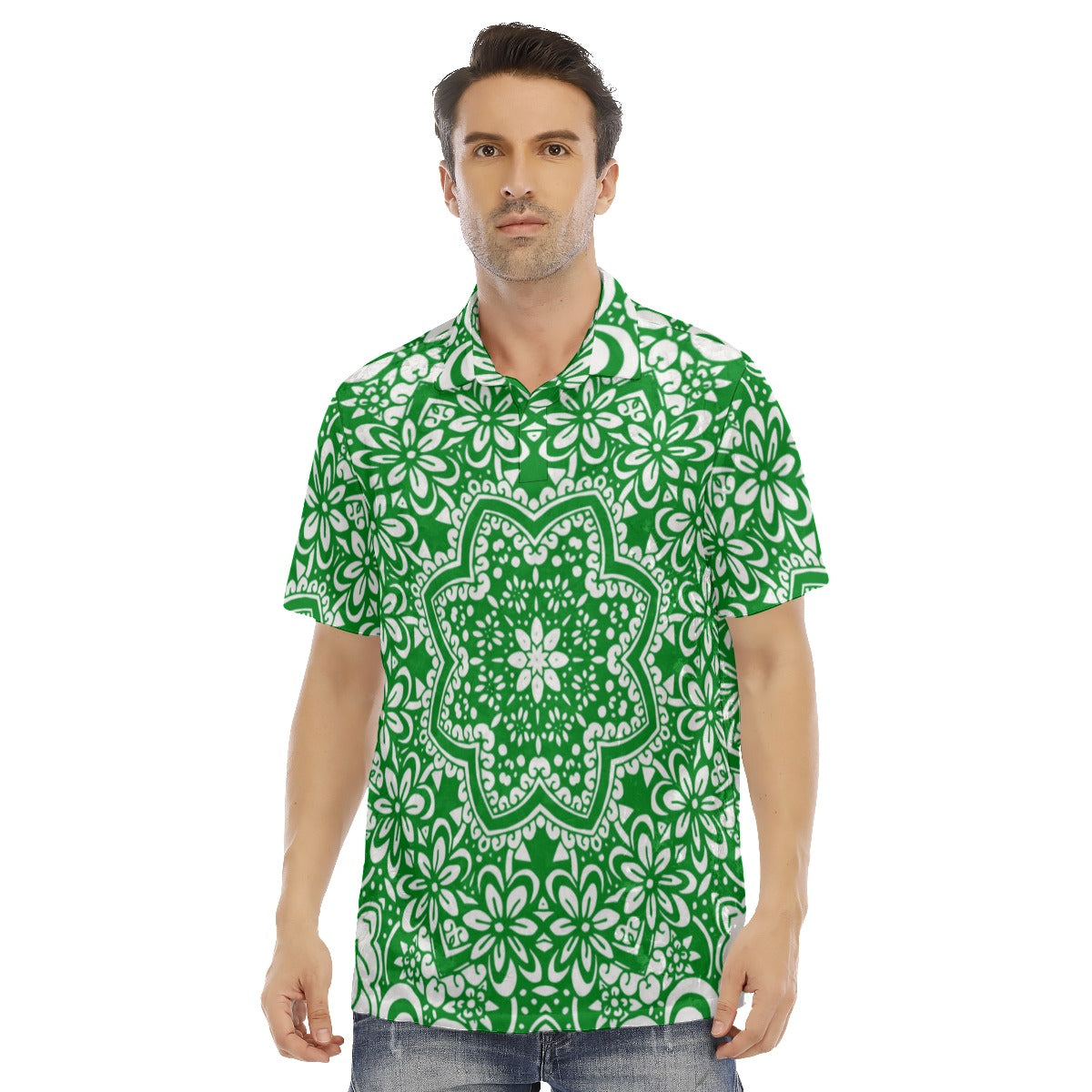 Green Ethnic Flowers Men's Polo Shirt | Velvet