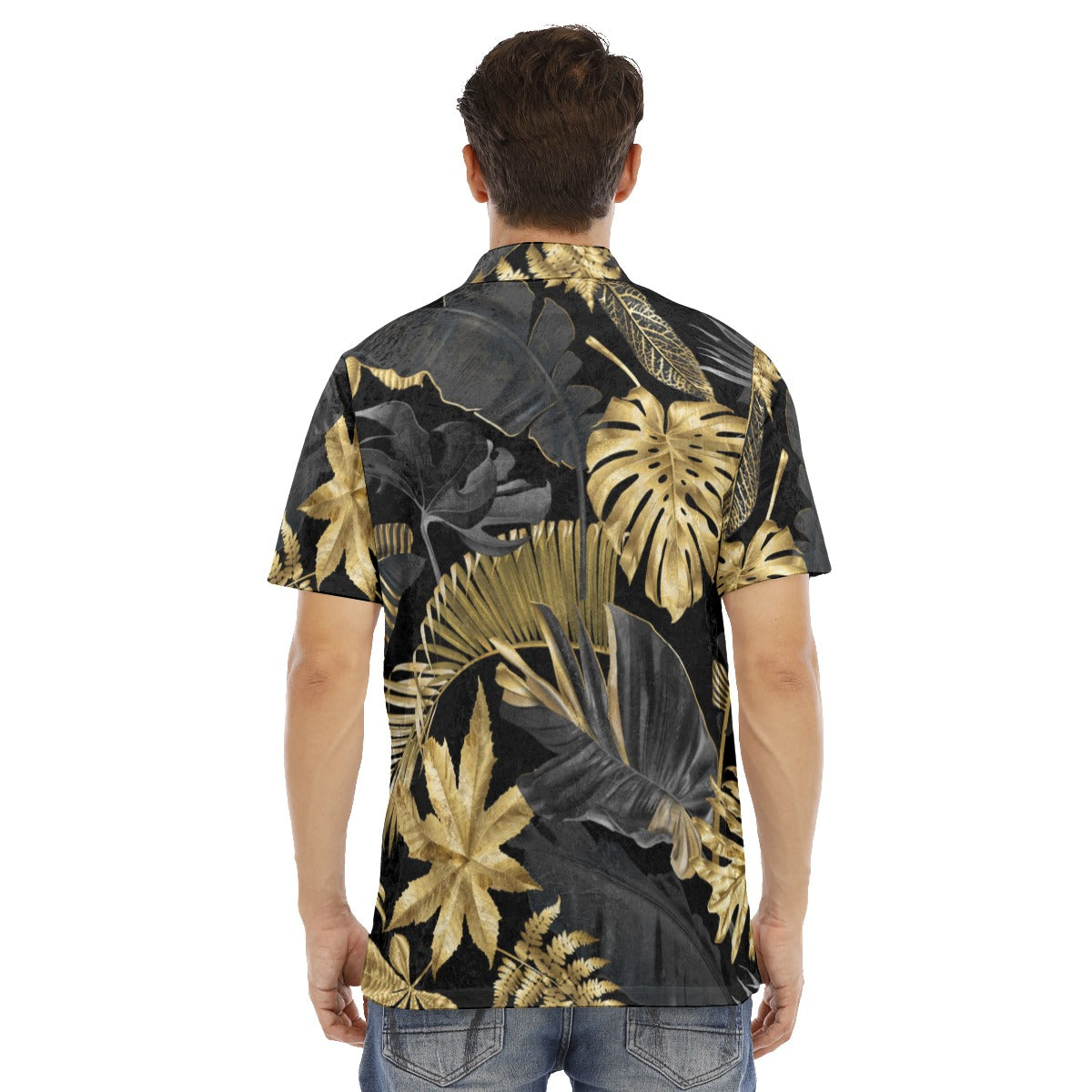 Gold & Black Tropical Leaves Men's Polo Shirt | Velvet