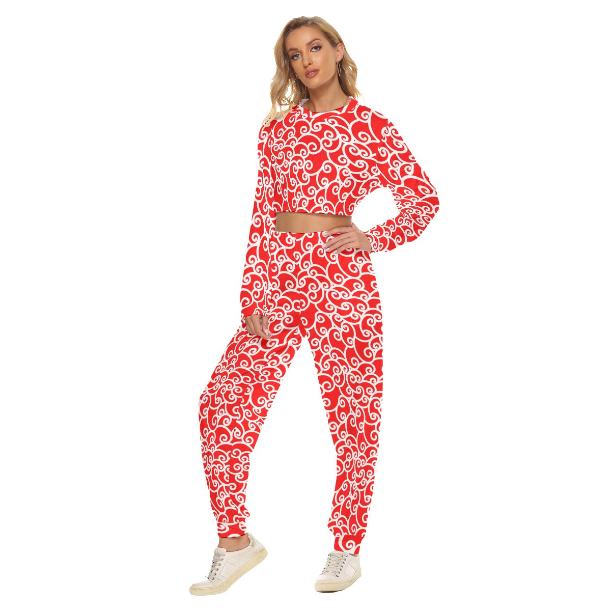 Red & White Curls Women's Crop Sweatshirt Suit