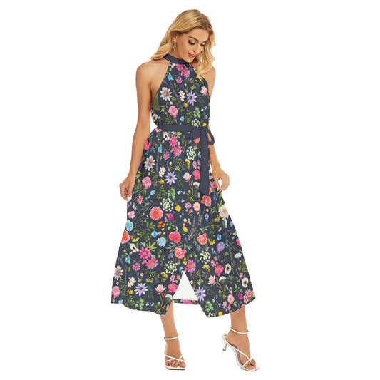 Beautiful Flowers Women's Wrap Hem Belted Halter Dress