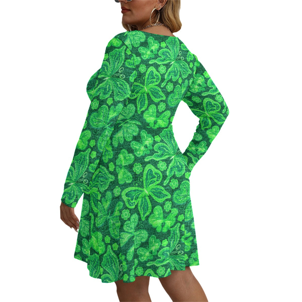 Women's Cute Colorful Butterflies V-neck Long Sleeve Dress (Plus Size)