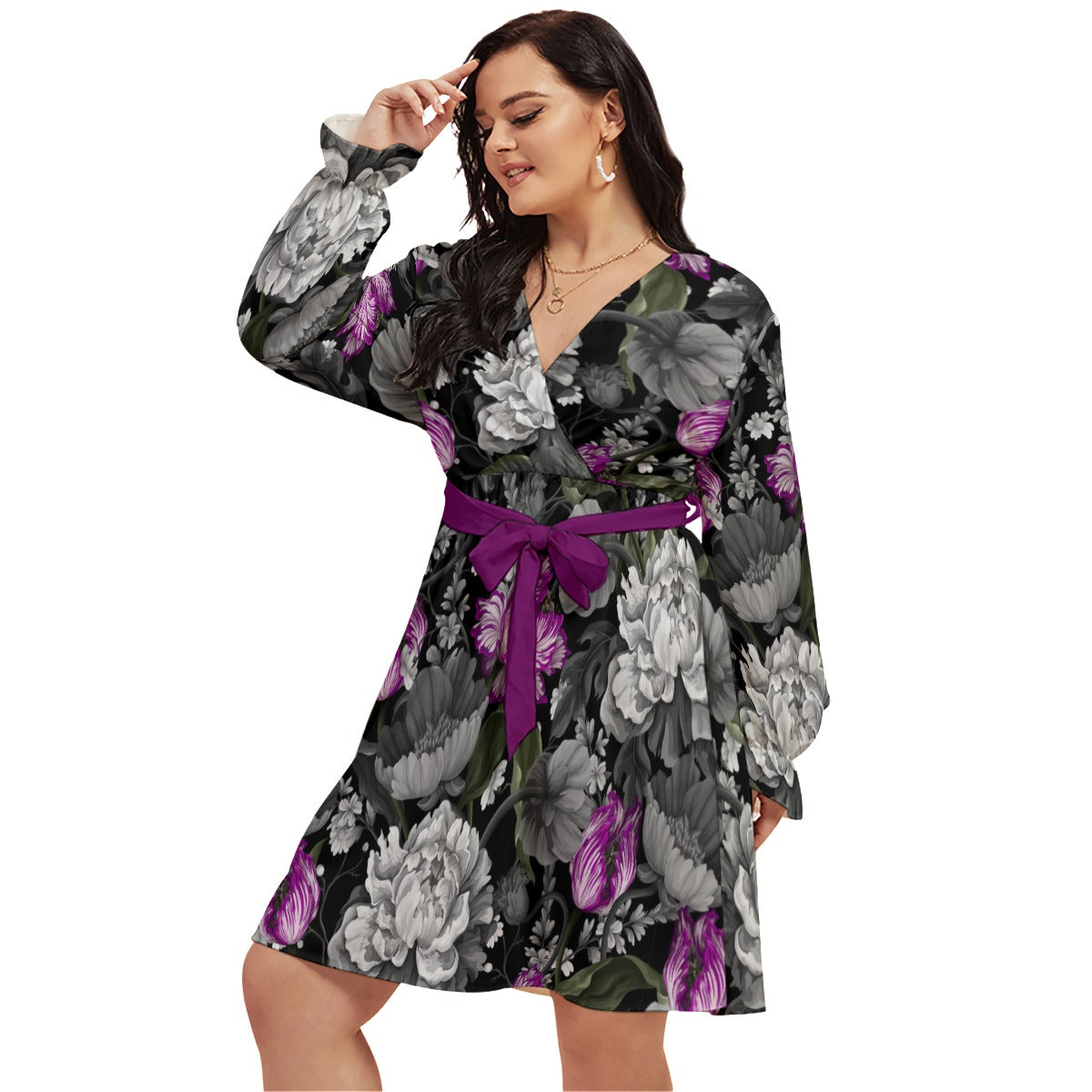 Purple Vintage Tulips & Peonies Women's V-neck Dress With Waistband  (Plus Size)