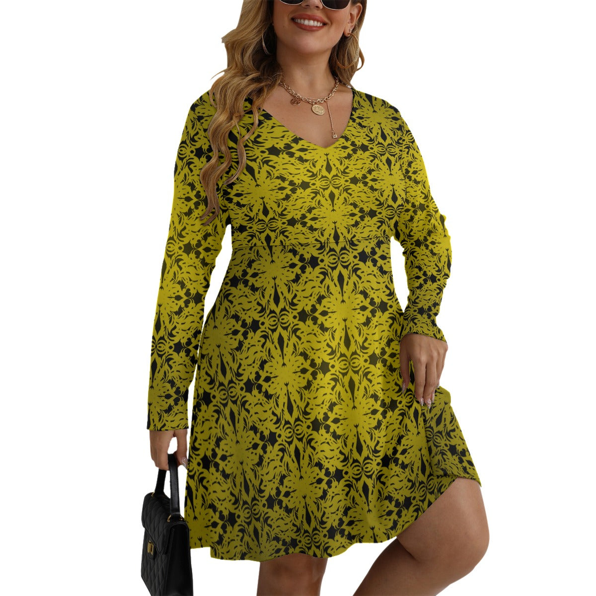 Royalty Made Yellow & Black Women's V-neck Long Sleeve Dress (Plus Size)