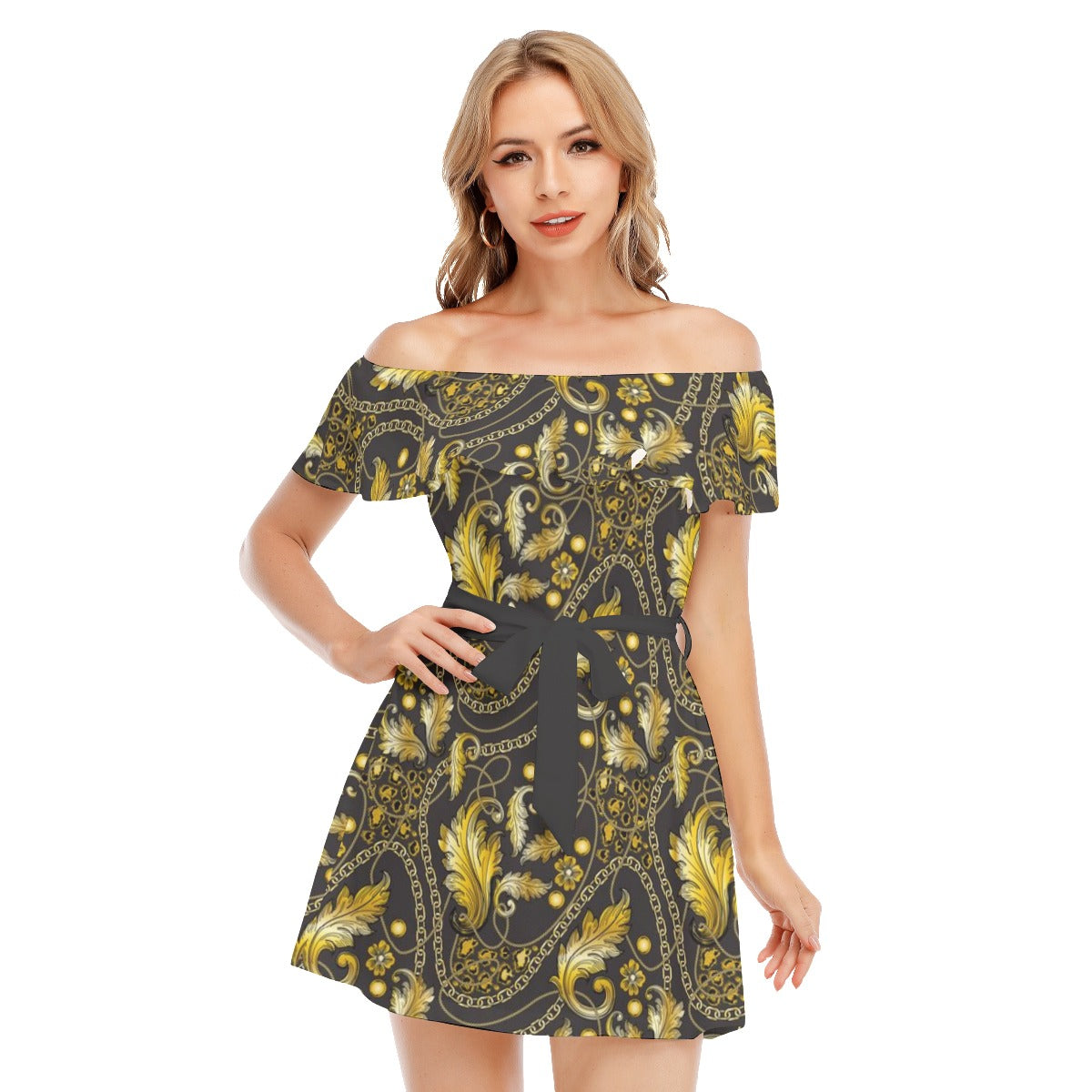 Golden Chains Off-shoulder Dress With Ruffle