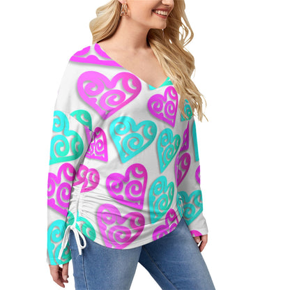 Colorful Paper Hearts Women’s V-neck T-shirt With Side Drawstring(Plus Size)