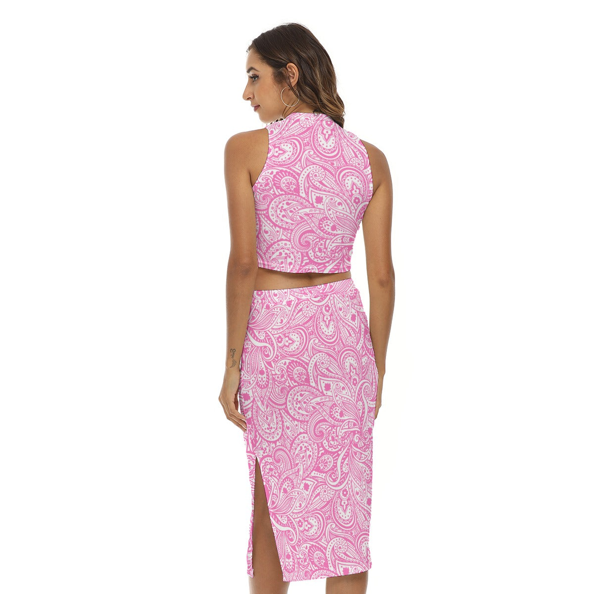 Pink Paisley Pattern Women's Tank Top & Split High Skirt Set