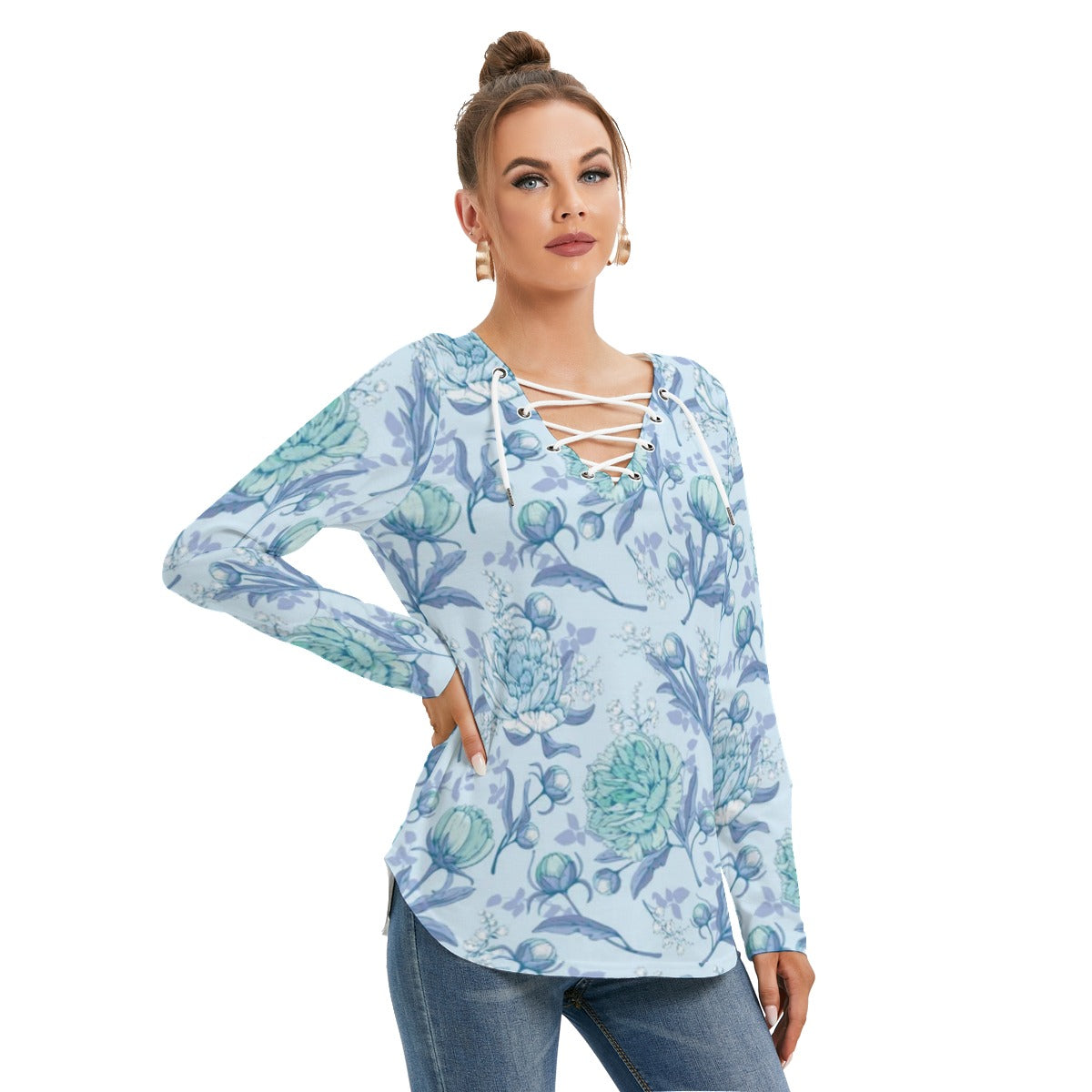 Cute Peonies Women's Long Sleeve Neckline Tie Sweatshirt