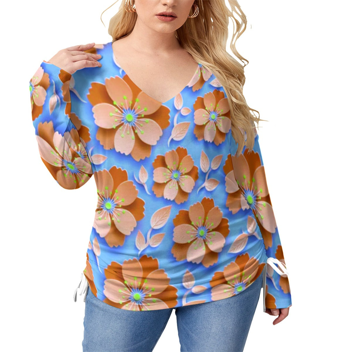 Blue With Orange Cherry Blossoms Women’s V-neck T-shirt With Side Drawstring(Plus Size)