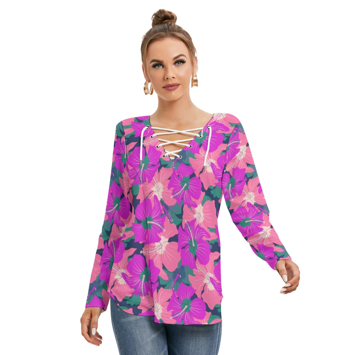 Tropical Flowers Women's Long Sleeve Neckline Tie Sweatshirt