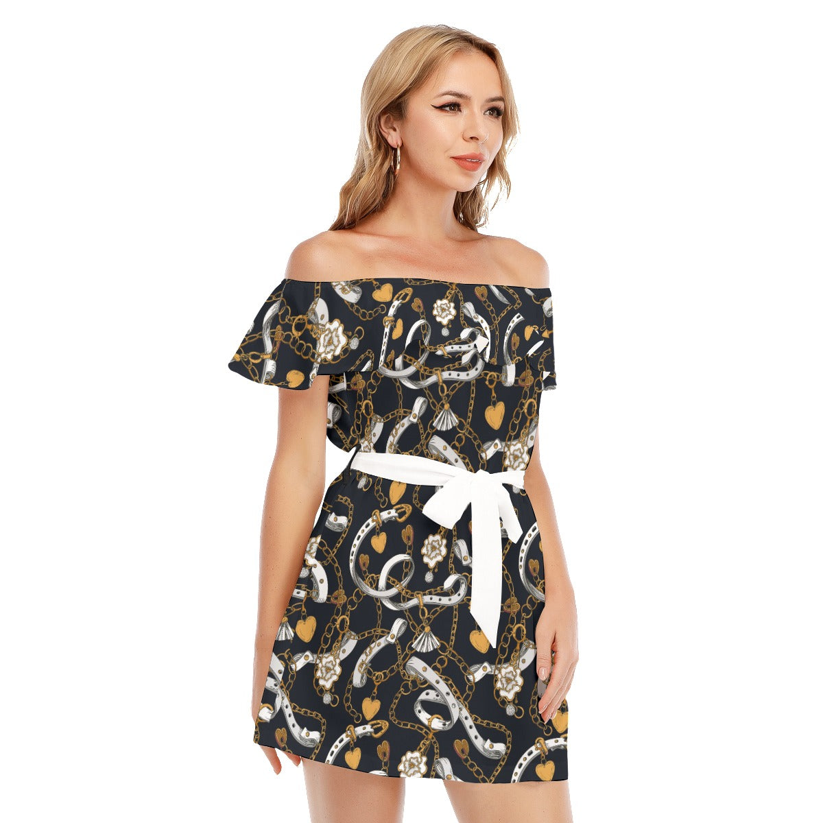 Belts & Chains Off-shoulder Dress With Ruffle