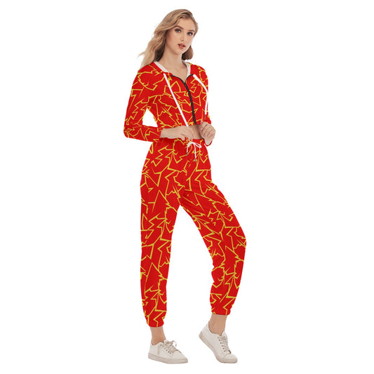 Red & Yellow Lightning Strikes Women's Crop Hoodie Sports Sets