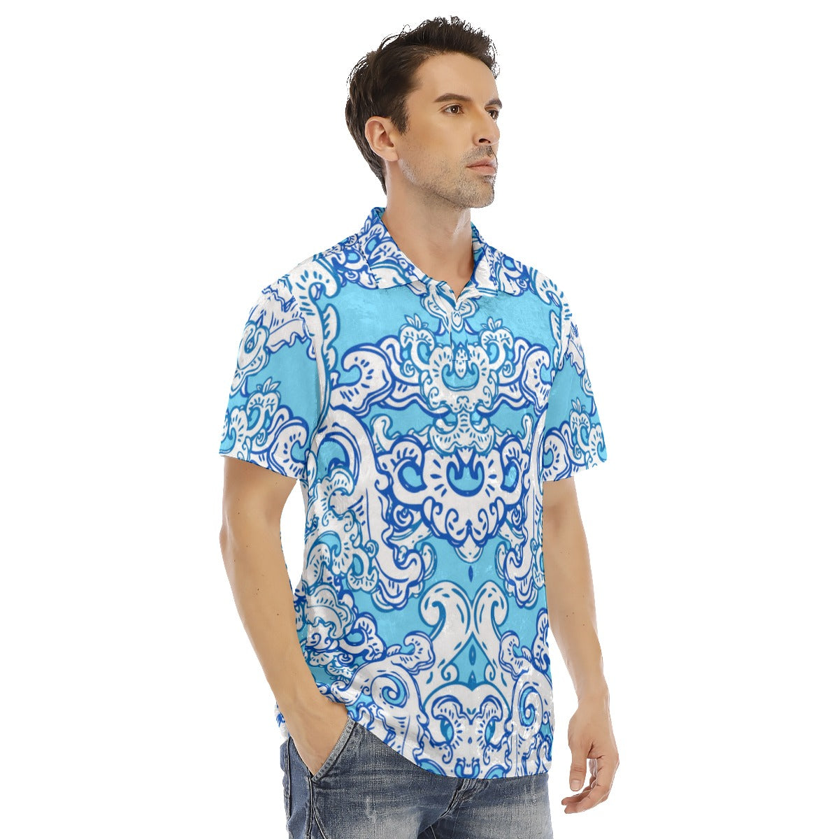 Blue & White Baroque Pattern Men's Polo Shirt | Velvet