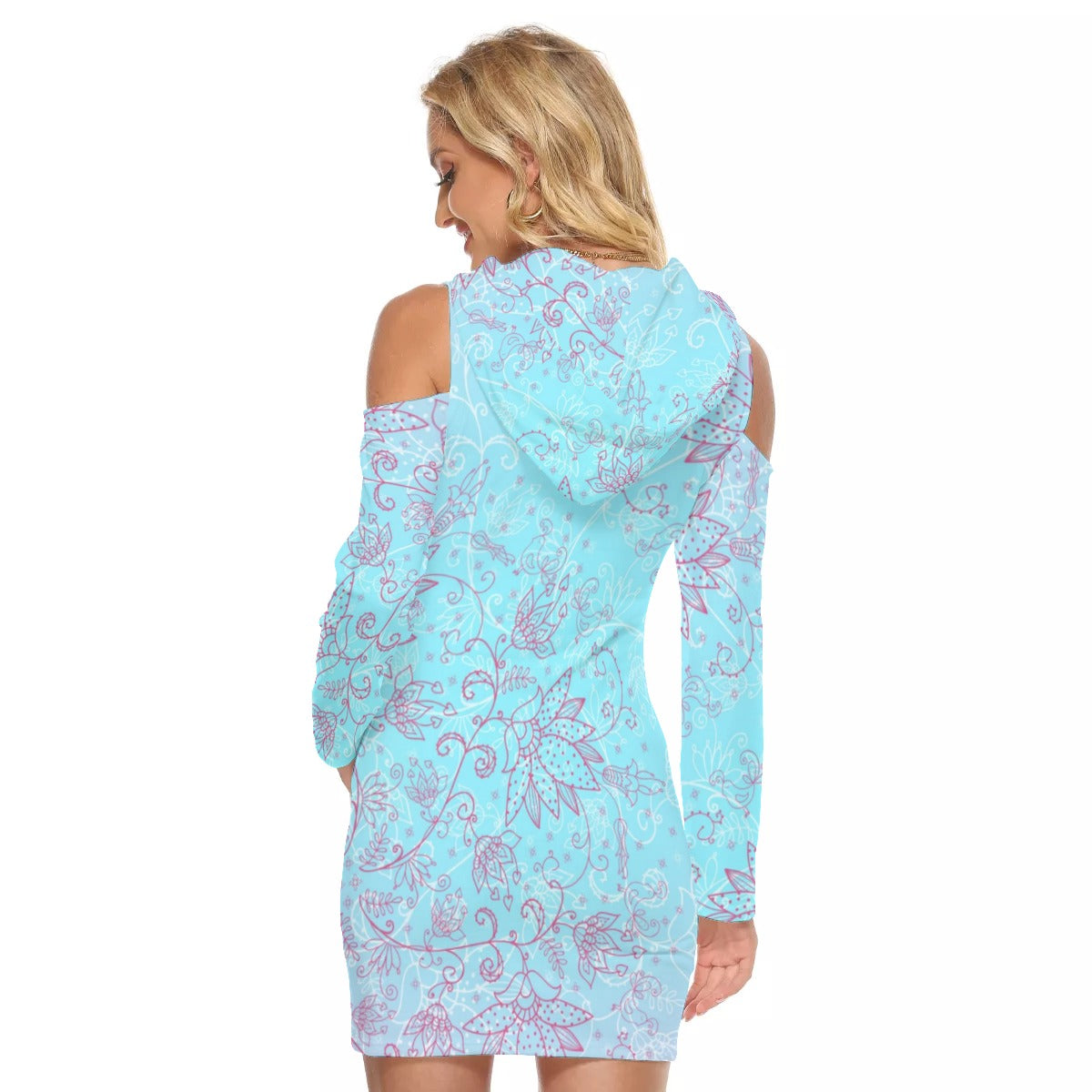 Sky Blue Cute Flower Hooded Tight Dress