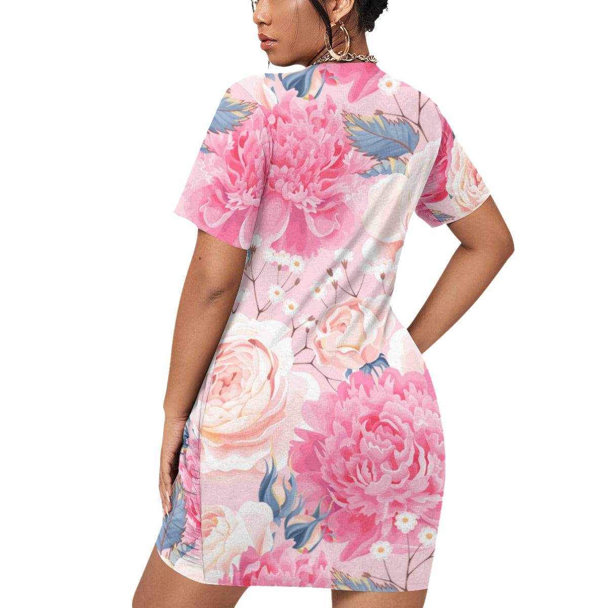 Cute Roses Women’s Stacked Hem Dress With Short Sleeve （Plus Size）