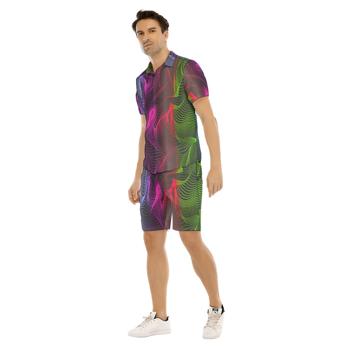 Futuristic Neon Waves Men's Short Sleeve Shirt Sets