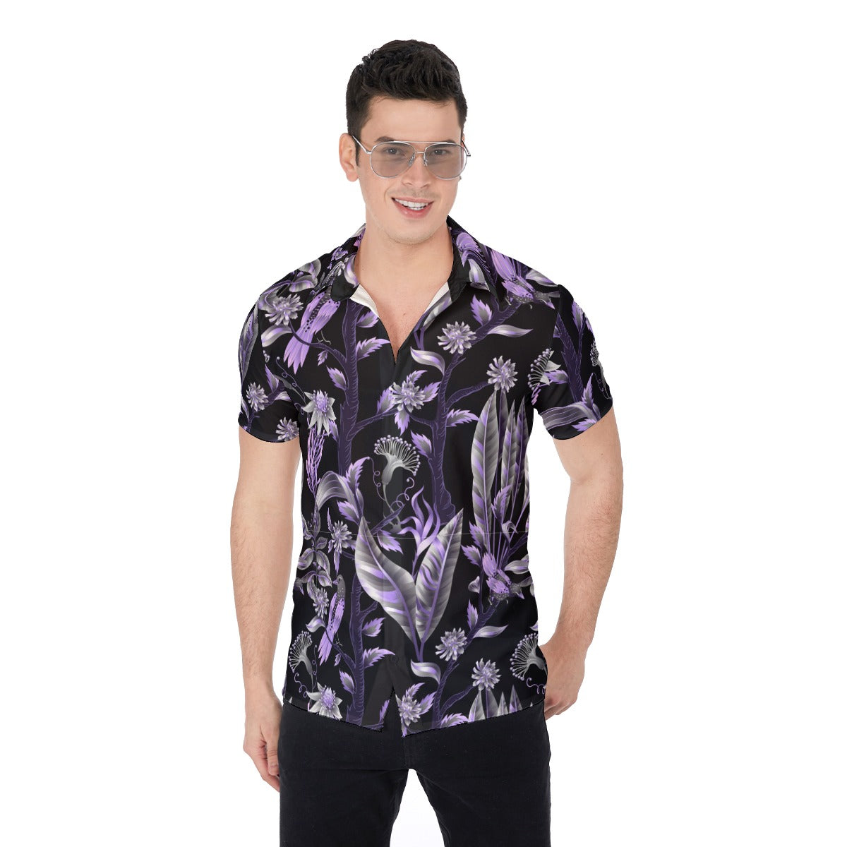 Purple Metallic Leaves Men's Button Up