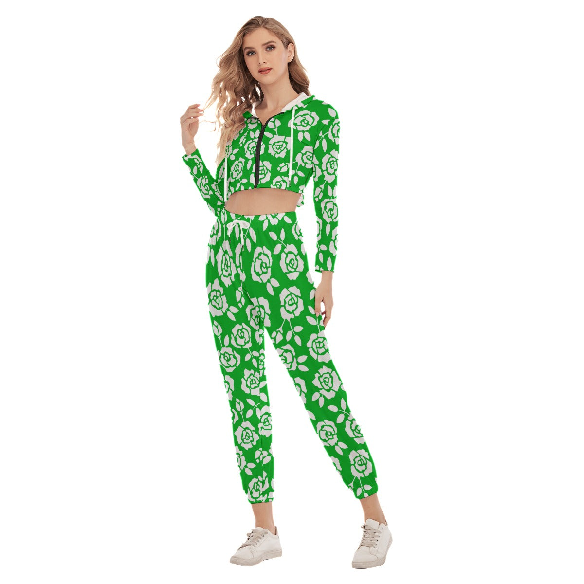 Green With White Roses Women's Crop Hoodie Sports Sets