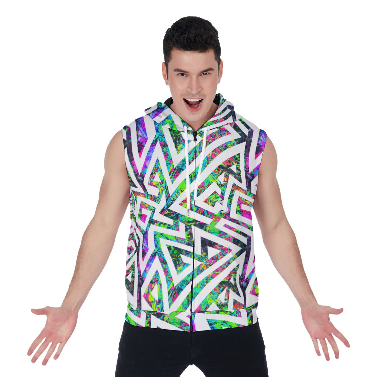 Grunge Graffiti Style Geometric Men's Zipper-Up Sleeveless Hoodie