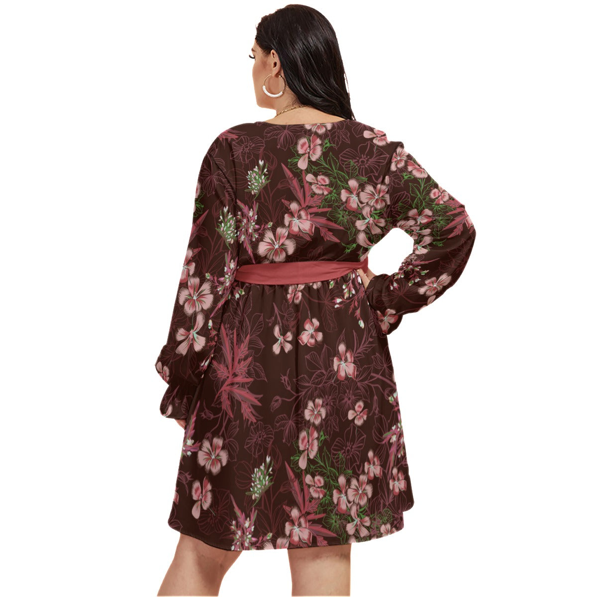 Red Flowers Women's V-neck Dress With Waistband (Plus Size)