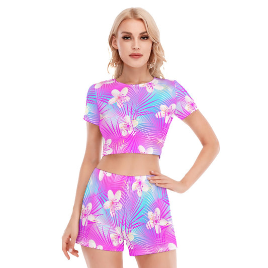 Tropical Frangipani Hibiscus Women's Short Sleeve Cropped Top Shorts Suit