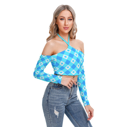 Blue With White Flowers Women's Plaid Halter Lace-up Top