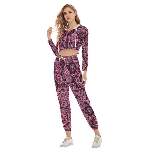 Cute Pink Flower Women's Crop Hoodie Sports Sets