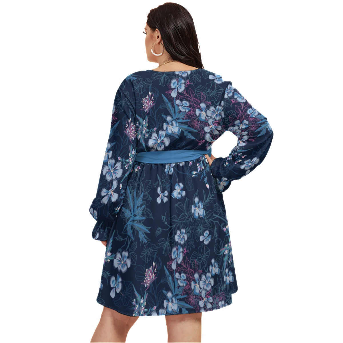 Blue Flowers Women's V-neck Dress With Waistband (Plus Size)