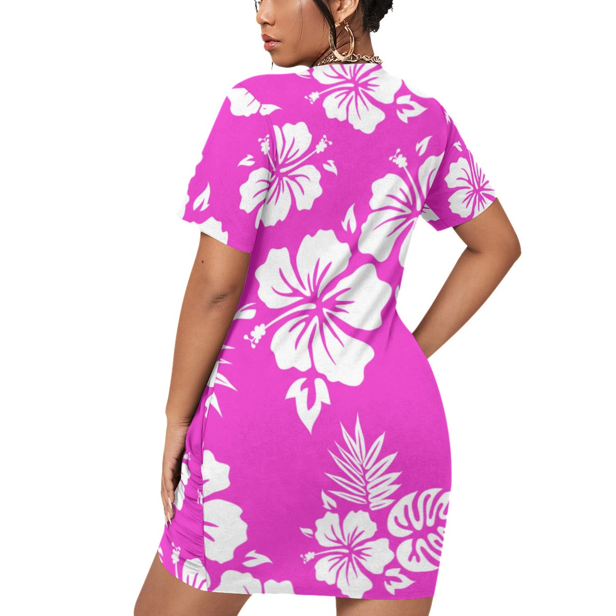 Pink Aloha Women’s Stacked Hem Dress With Short Sleeve （Plus Size）